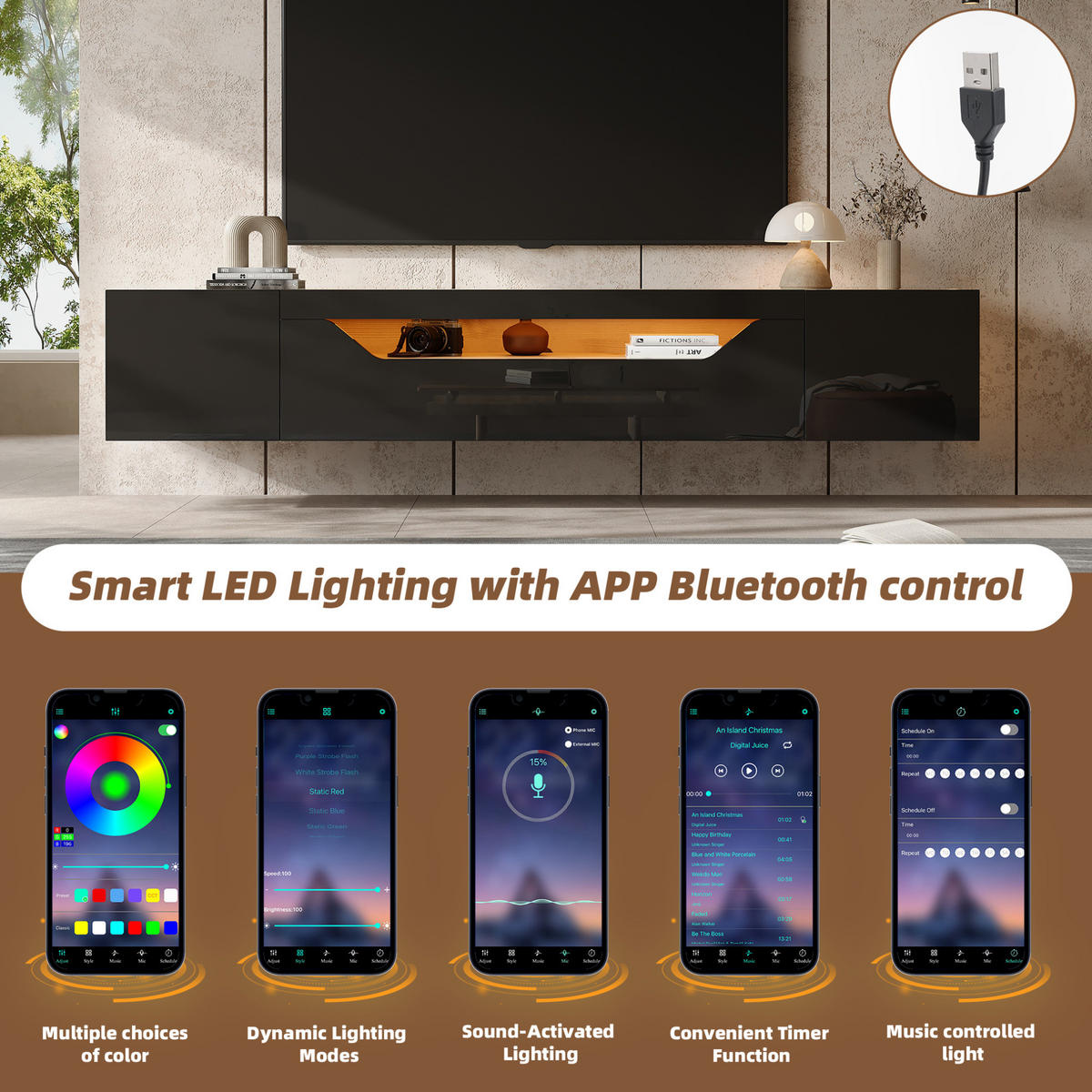 LOWBOARD 180/37/36 cm in Schwarz/Naturfarben aus Spanplatte mit LED-Beleuchtung - Schwarz, Holzwerkstoff (37/36/180cm) - OKMYHOME