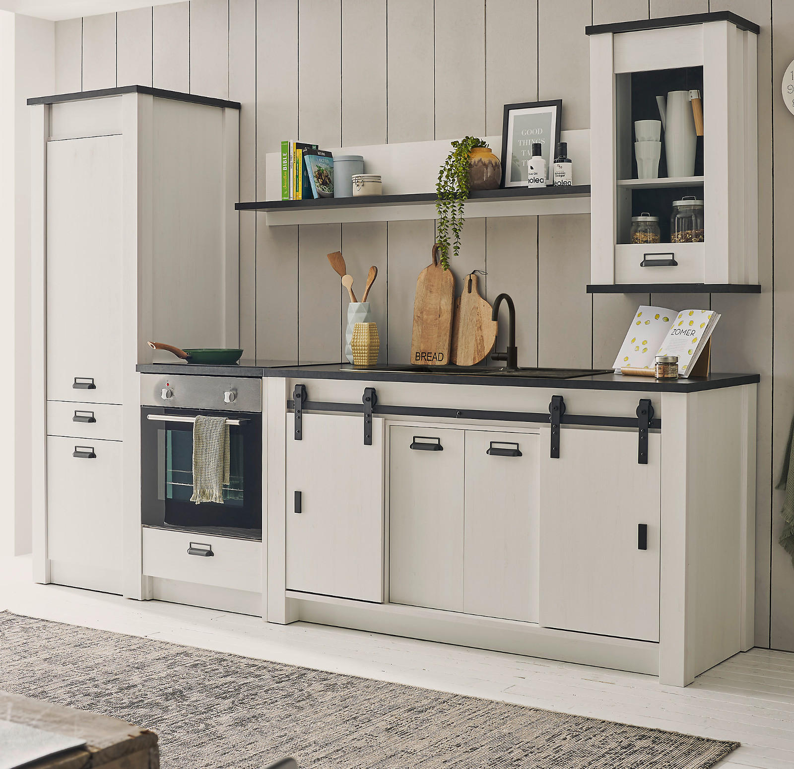 KÜCHENZEILE weiß Pinie, anthrazit Landhaus, Küchenschrank Set 5-teilig mit viel Stauraum - Anthrazit/Schwarz, Glas/Holzwerkstoff (284/201/64cm) - Furn.Design