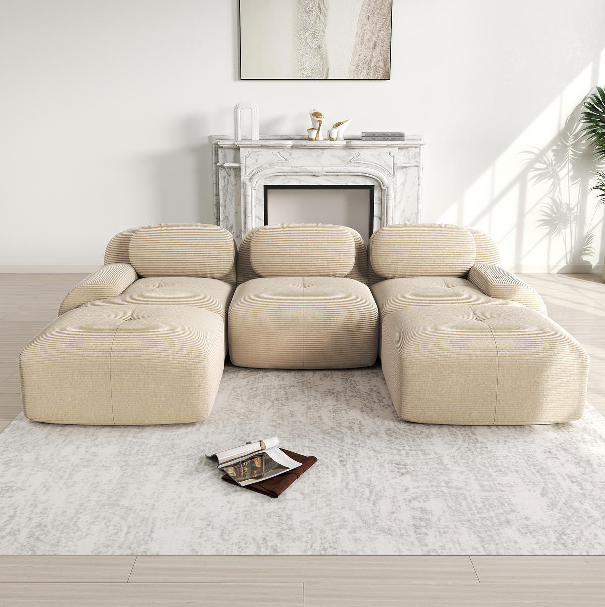WOHNLANDSCHAFT in Beige aus Cordstoff mit 32D-Schaum, rahmenlos und montagefrei - Beige, Textil (178/70/298cm) - Flora Grace