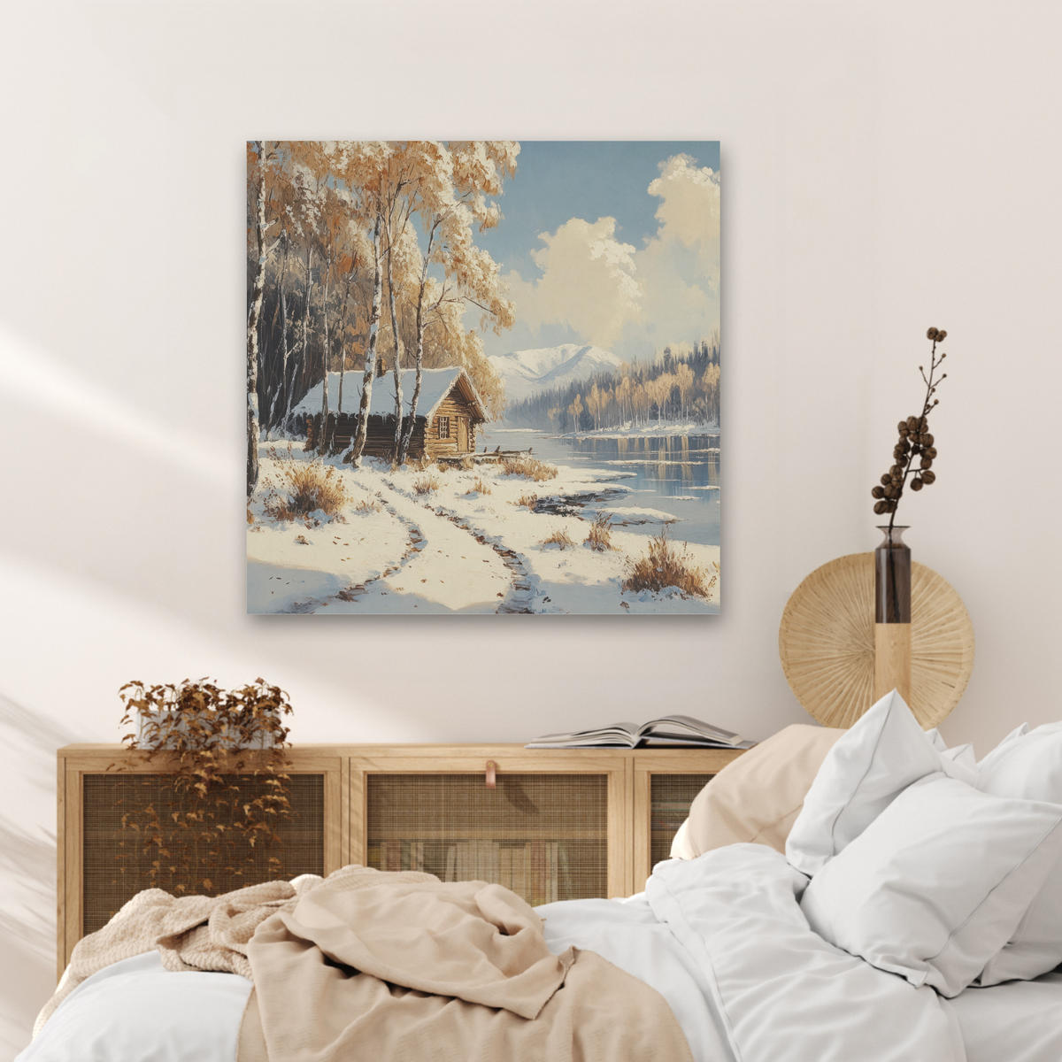 AKUSTIKBILD Winter - Schnee - Zuhause - Natur Akustikpaneele 80x80 cm - Hellbraun, Kunststoff (80/80/0.9cm) - MuchoWow