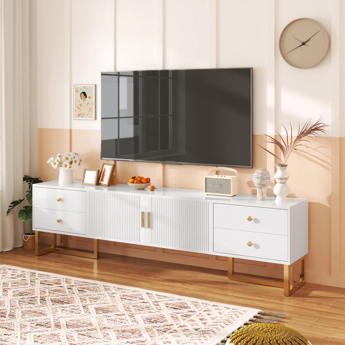 TV-ELEMENT175X30X46CM Weiß mit strukturierten Türen und goldenen Griffen - Weiß, Holz (33/19/47cm) - Raelunyi