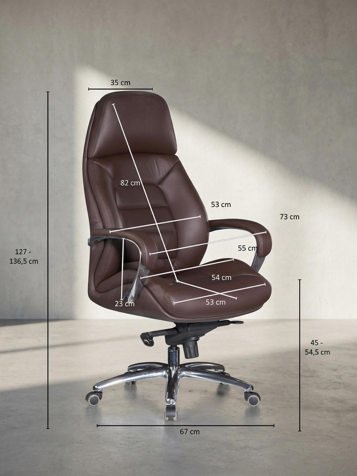 CHEFSESSEL Leder mit Multiblockwippmechanik bis 120 kg MIRON, Braun 67x67x137 cm - Silberfarben/Braun, Leder/Metall (67/137/67cm) - KADIMA DESIGN