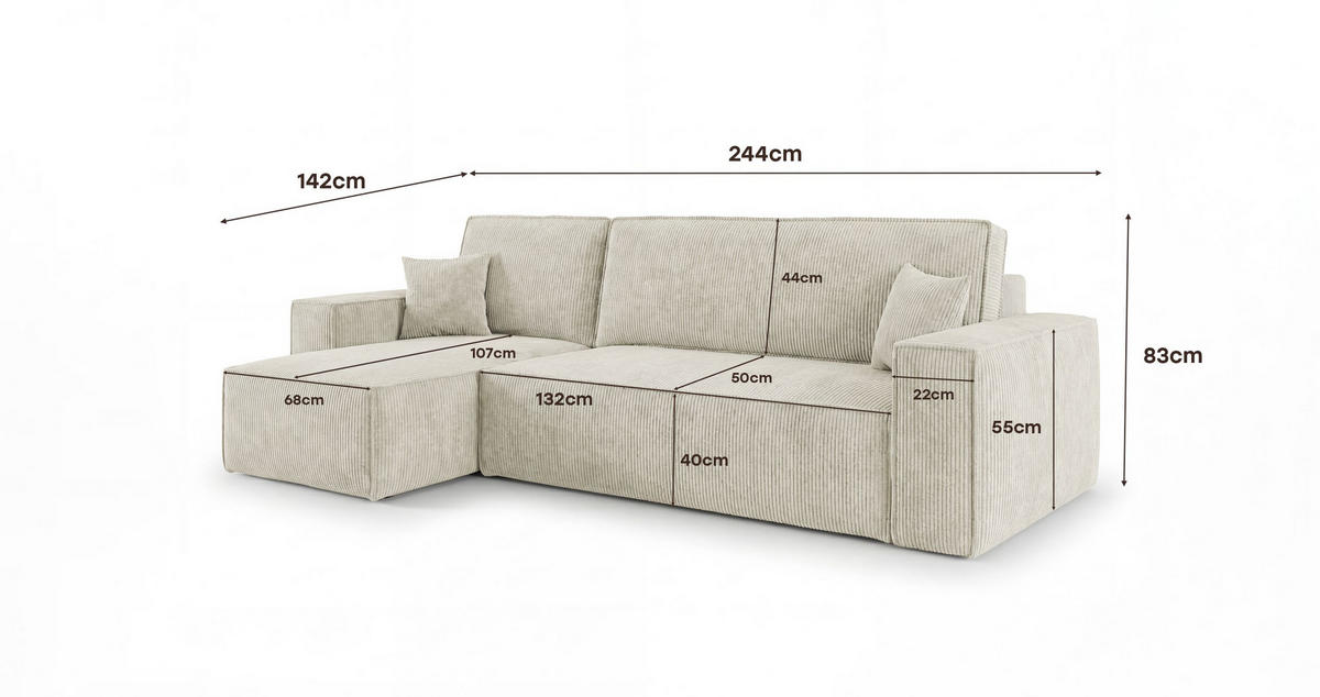 ECKSOFA CALIFORNIA MINI links weiß Cord Poso 100 - Schlaffunktion, Bettkasten - Weiß, Textil (245/140cm) - Cornero