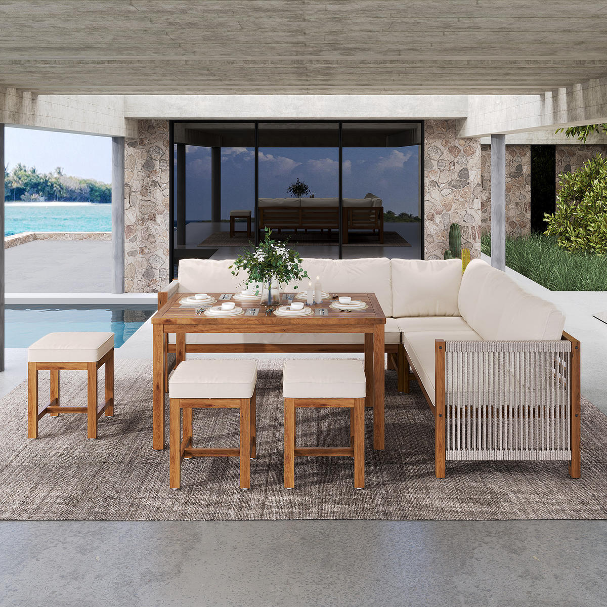 GARTENSET, 7-8 Personen, Polyrattan, Akazientisch, Beige/Natur - Multicolor, Textil - FLIEKS