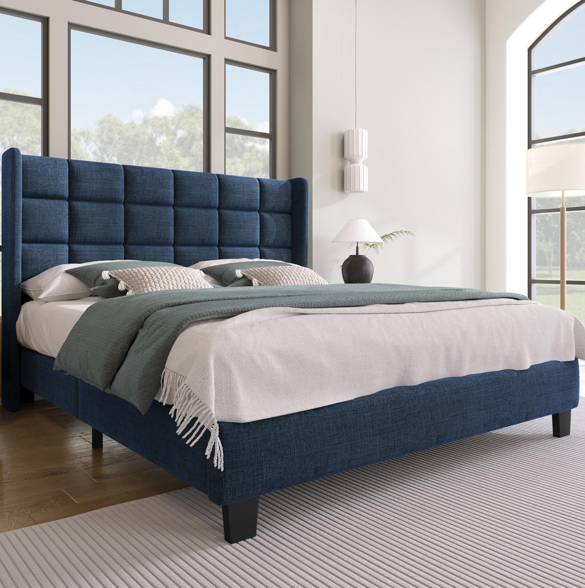 ČALOUNĚNÁ postel 140/200 cm modrá z lnu s roštem a vysokým čelem - modrá, textil (140/200cm) - OKWISH