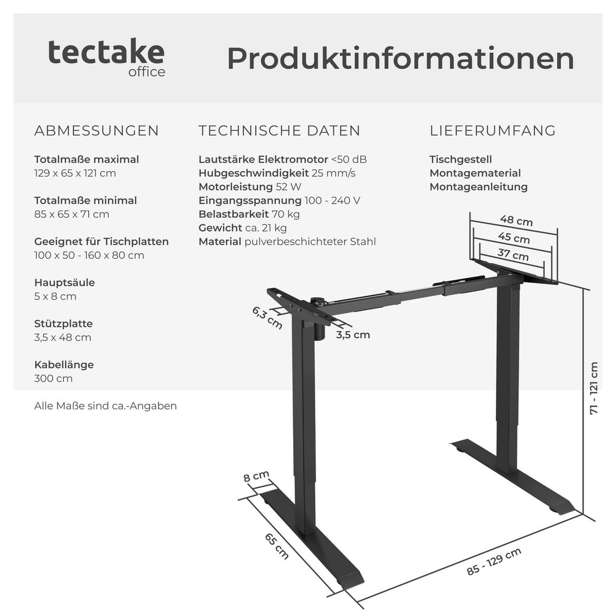 TISCHGESTELL Yannick,85 - 129 x 65 x 71 - 121 cm,schwarz - Schwarz, Metall (129/65/121cm) - tectake
