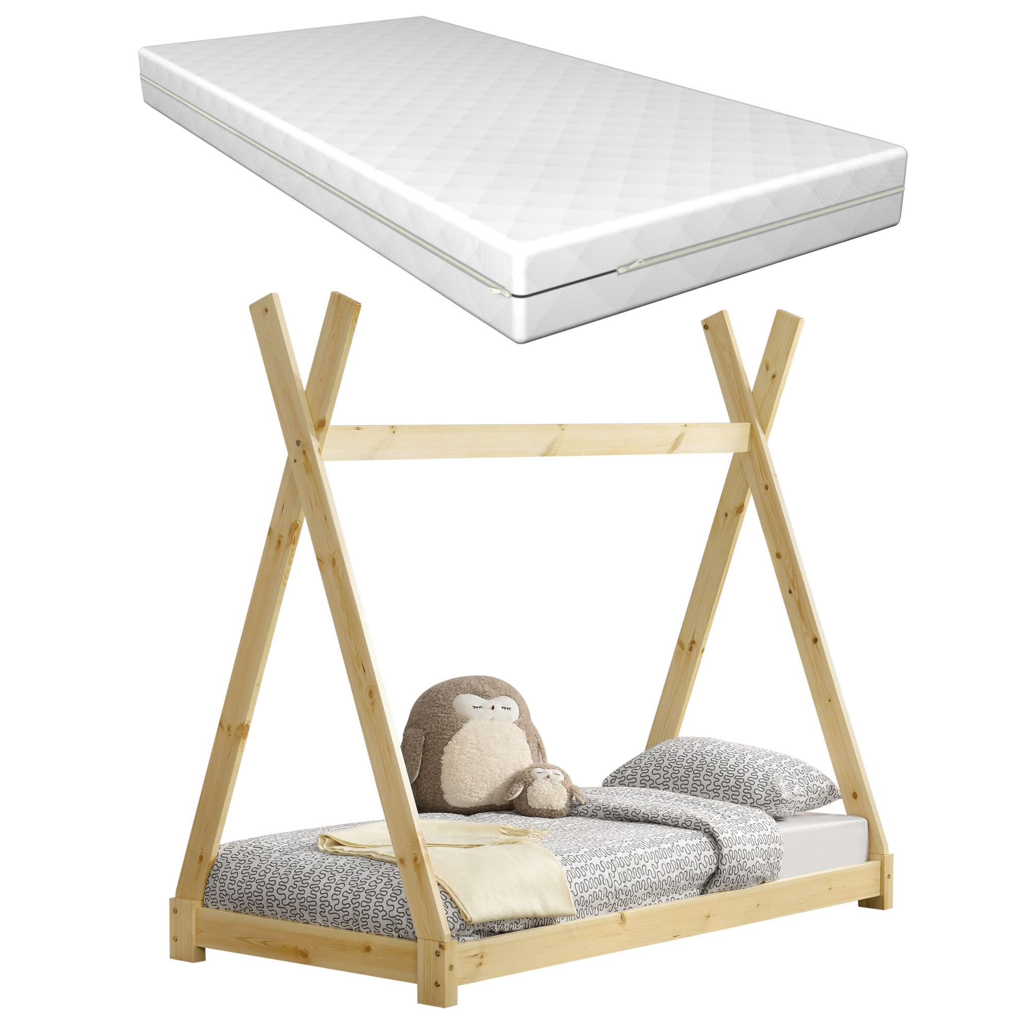 KINDERBETT Onejda mit Matratze - Naturfarben, Holz/Textil (80/160cm) - [en.casa]
