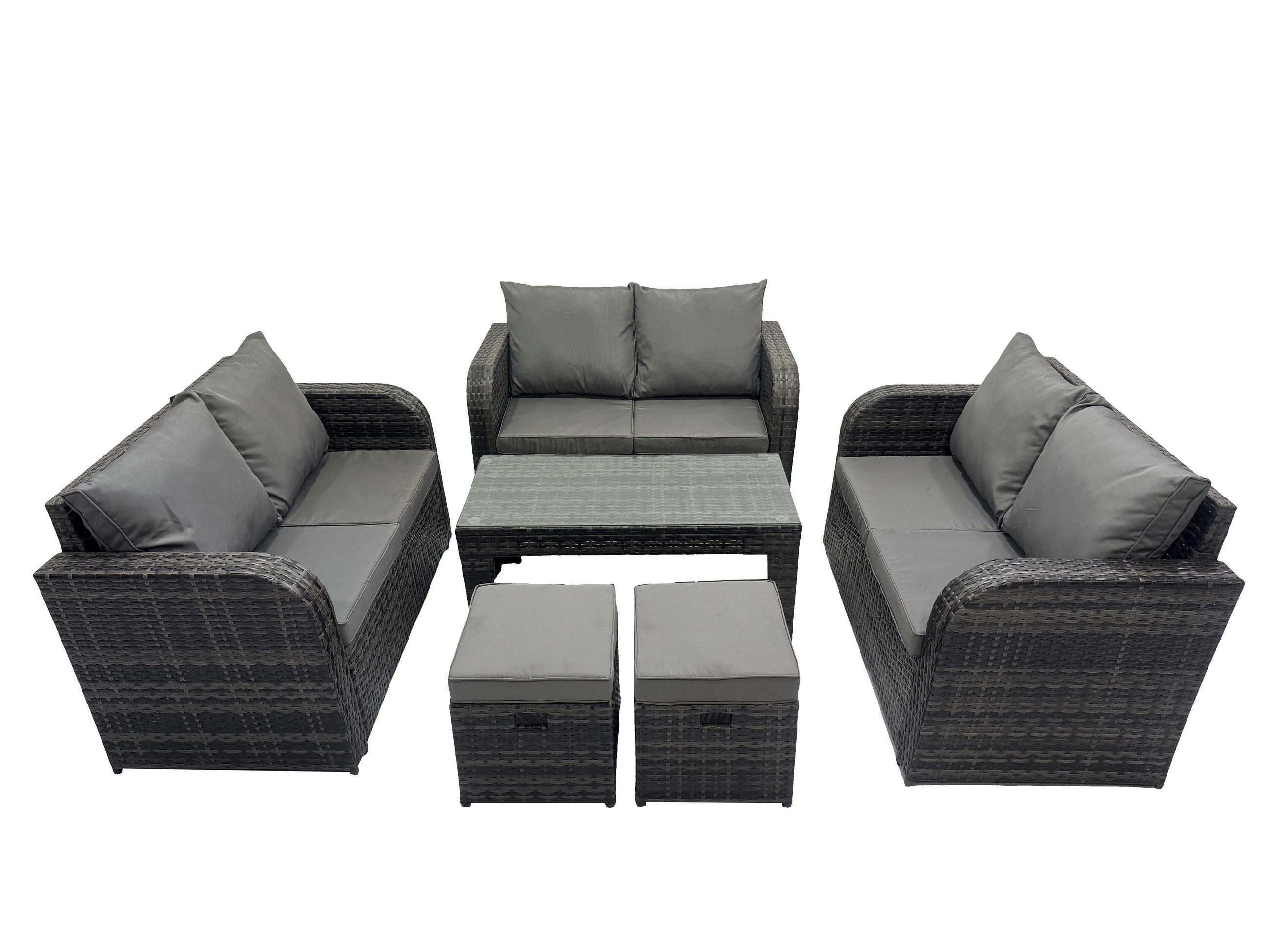 GARTENSOFA SET mit rechteckigem COUCHTISCH Polyrattan 8-Sitzer Dunkelgrau - Dunkelgrau/Grau, Glas/Kunststoff - Fimous