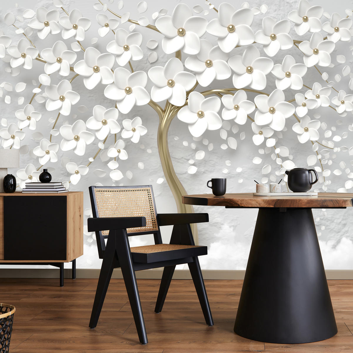 FOTOTAPETE für Schlafzimmer Perlmutt Blumen Abstract Baum 200x140 - Gelb/Goldfarben, Papier (200/140cm) - Muralo