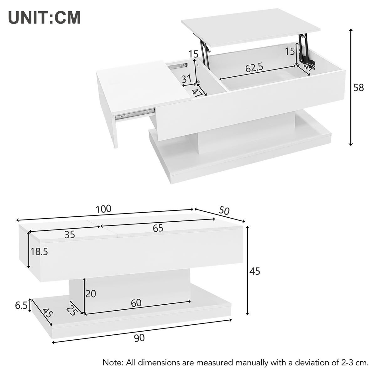 COUCHTISCH aus Spanplatte 100x50x45 cm in Weiß mit Liftfunktion & LED - Weiß, Holzwerkstoff (100/50/45cm) - Modfu
