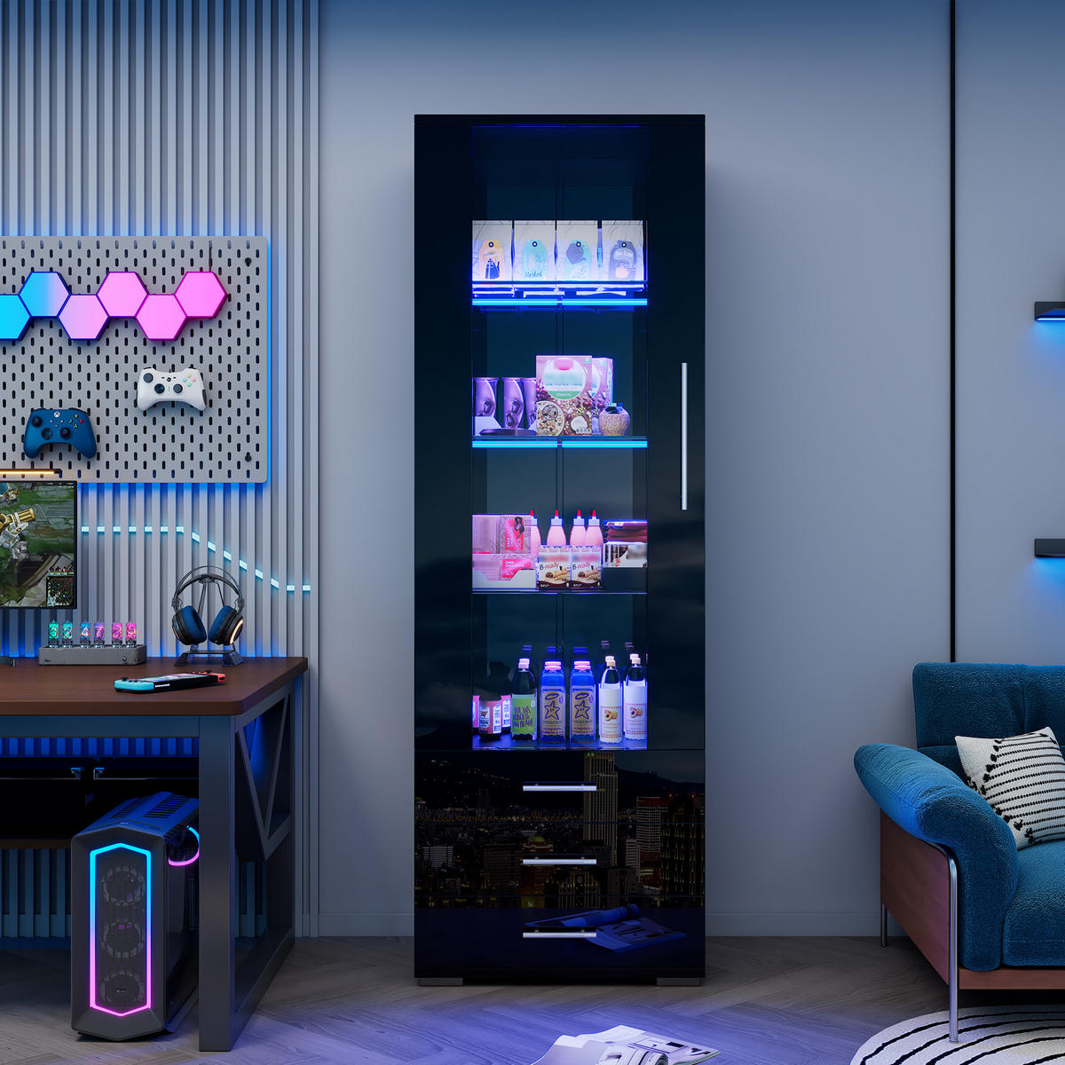 VITRINE, LED, 3 Schubladen, Hochglanz, Schwarz, 60x35x180cm - Schwarz, Holzwerkstoff (35/180/60cm) - FLIEKS