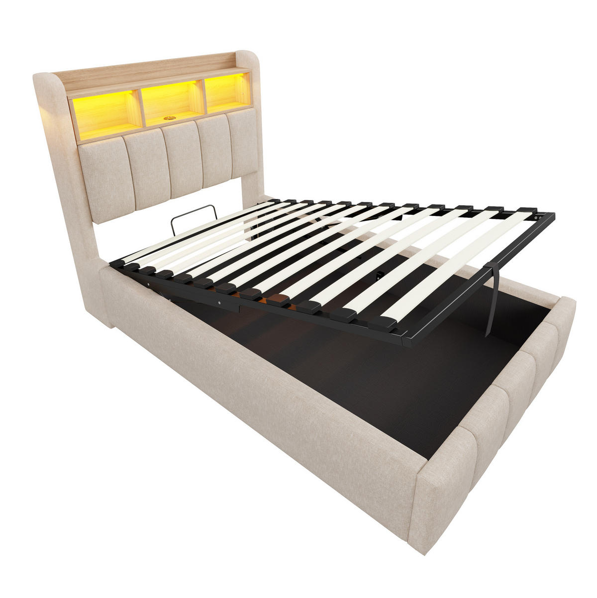 POLSTERBETT 90/200 cm Beige mit USB- und LED-Beleuchtung und hydraulischem Stauraum - Beige, Textil (90/200cm) - OKWISH