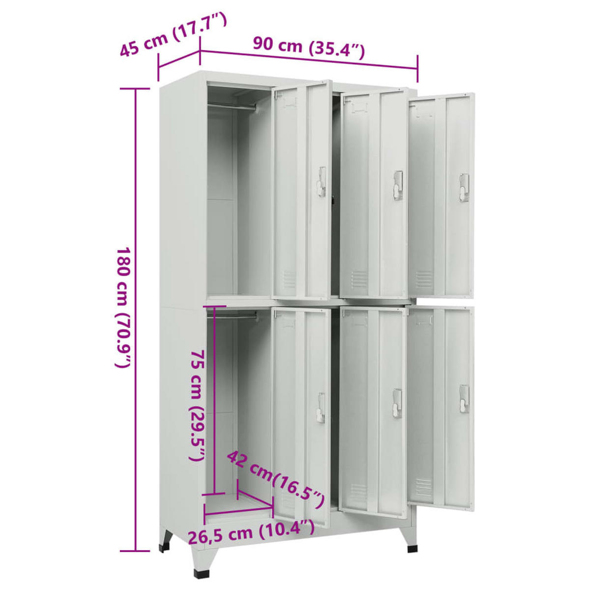 SCHLIESSFACHSCHRANK mit 6 Schließfächern, 90/45/180 cm, aus Stahl, in Grau - Grau, Metall (90/180/45cm) - vidaXL