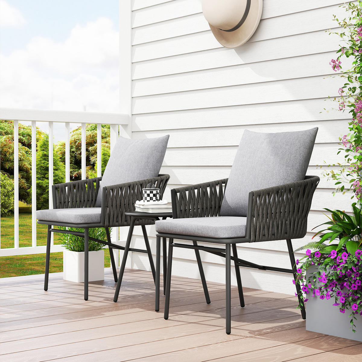 3-TLG. Rattan Bistroset, Sitzgruppe, mit 2 Gartensesseln, Couchtisch, Kissen - Grau, Textil/Metall - Outsunny