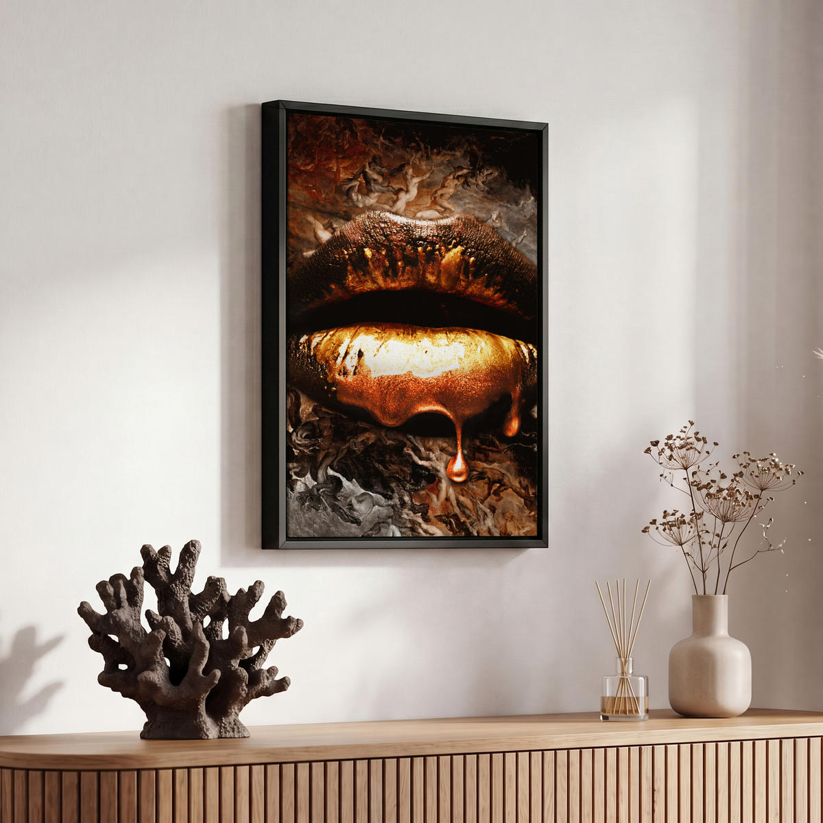 LEINWAND Bilder mit Rahmen - Gold - Lippen - Kunst - Gold - Luxus - Abstrakt - 20x30 - Kupferfarben, Textil (20/30cm) - MuchoWow