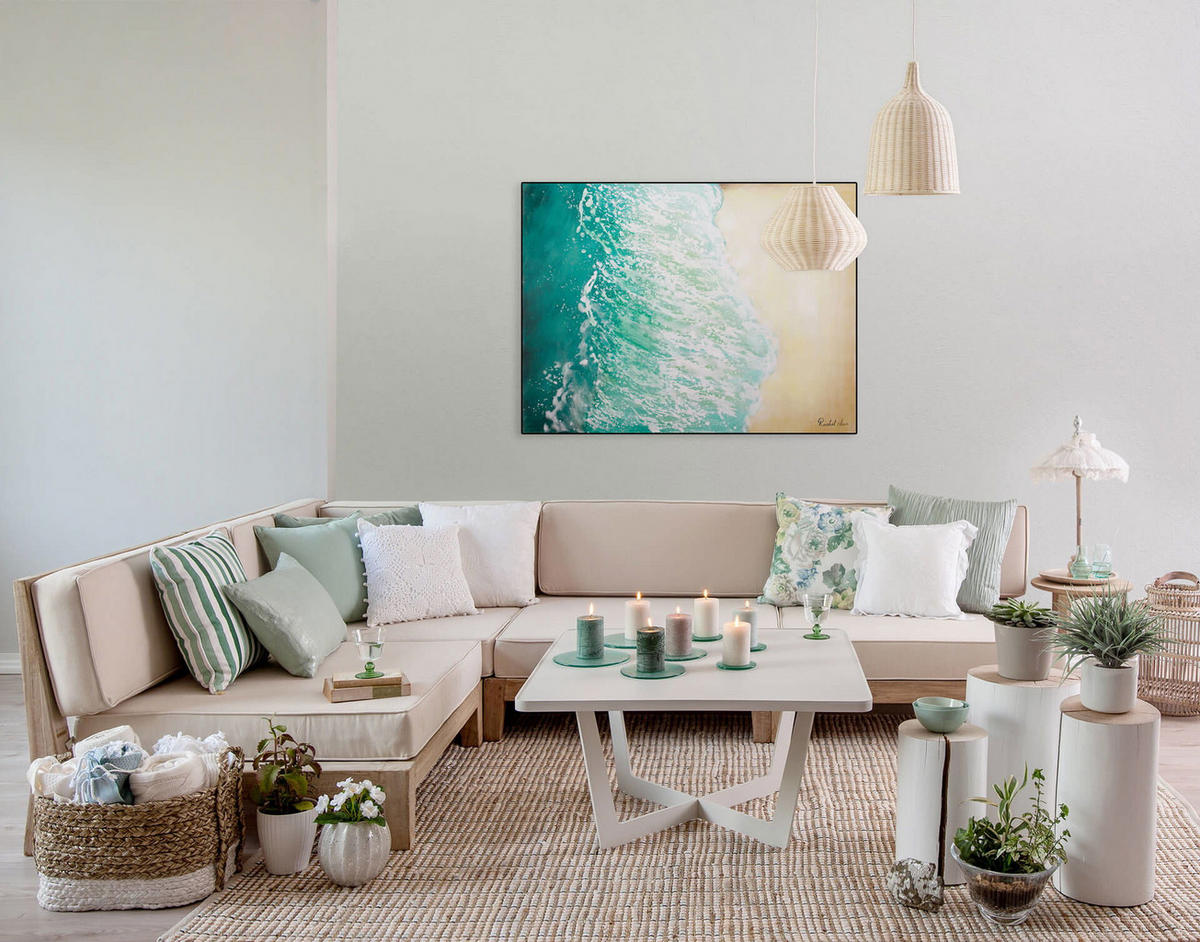 ÖLGEMÄLDE 100/75 cm - Türkis/Beige, Holz/Textil (1.8/75cm) - KUNSTLOFT