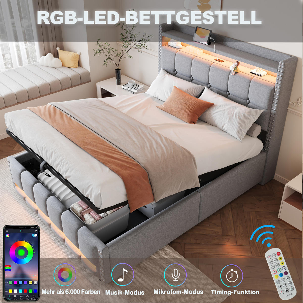 POLSTERBETT 140x200 cm LED USB Stauraum hellgrau - Hellgrau, Textil (140/200cm) - LEBENLANG