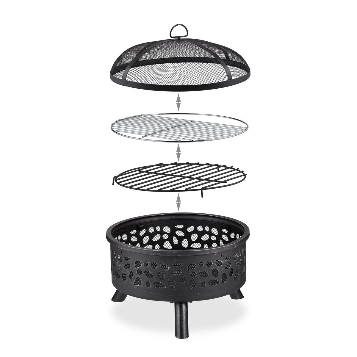 FEUERSCHALE Schwarz Silber Stahl mit Grillrost 60 cm - Schwarz, Metall (60/51/60cm) - Relaxdays