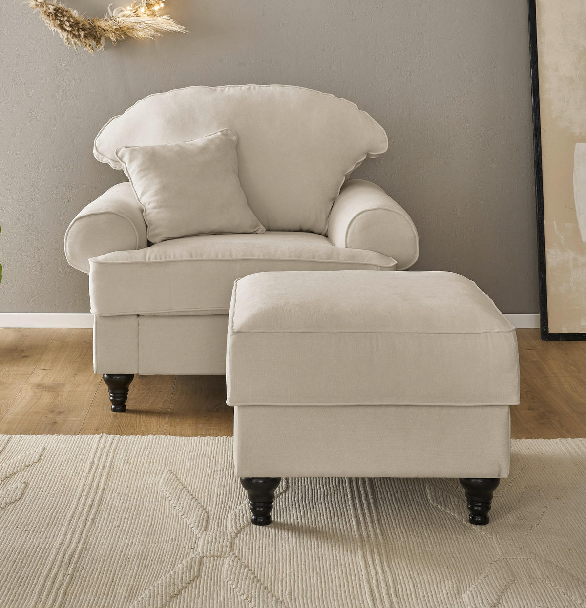 SESSEL-SET beige Landhaus, Loungesessel inklusive Hocker - Beige/Braun, Holz/Textil (175/95/110cm) - Furn.Design