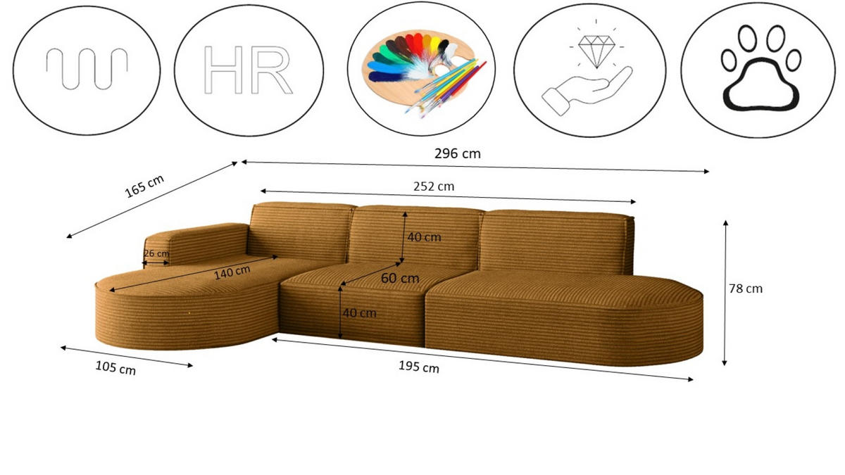 ECKSOFA Designer, Sofa L form MODENA 302 cm stoff Poso Senffarbe Rechts - Gelb, Holz (302/296cm) - Kaiser Möbel