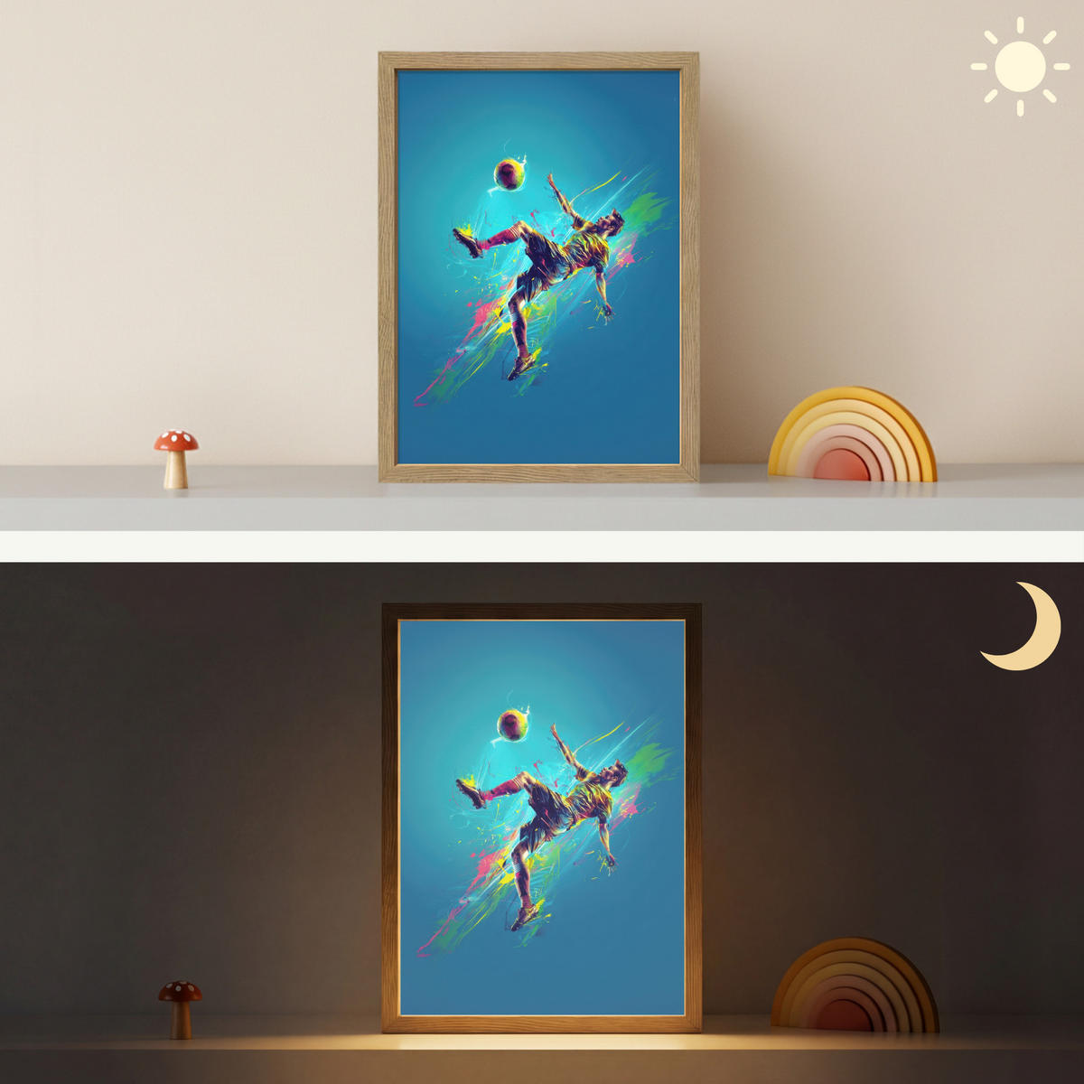 NÁSTĚNNÁ LAMPA S AKUMULÁTOREM Fotbalista - Stříkající barva - Barevné - Míč 30x40 cm - modrá, kompozitní dřevo (30/40/8cm) - OnlyWow