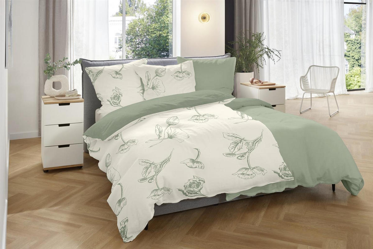 WENDE-BETTWÄSCHE Halbleinen 155x220 cm aus 55% Baumwolle 45% Leinen, Bettbezug 155 x 220 - Floral Grün - Grün, Textil (155/220cm) - Carpe Sonno