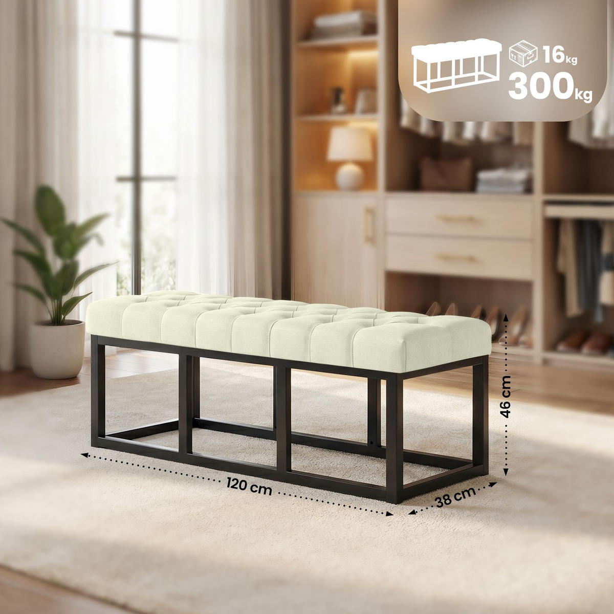 SITZBANK 120/38 cm Stoff Creme - Creme/Schwarz, Textil/Metall (120/46/38cm) - CLP