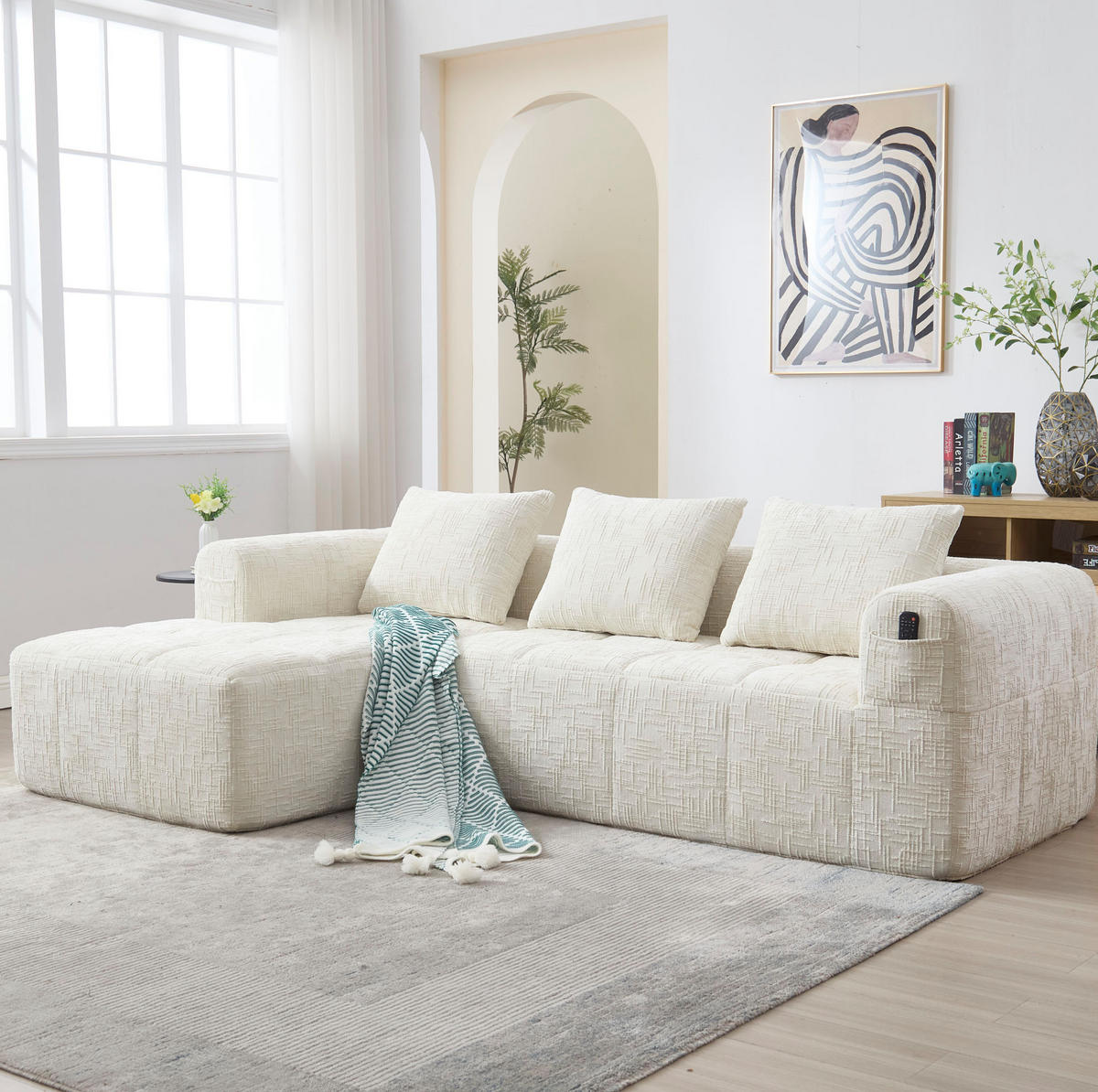 ECKSOFA 250/158/60 cm Beige aus Chenille mit Chaiselongue - Weiß, Textil (37/38.5cm) - OKMYHOME