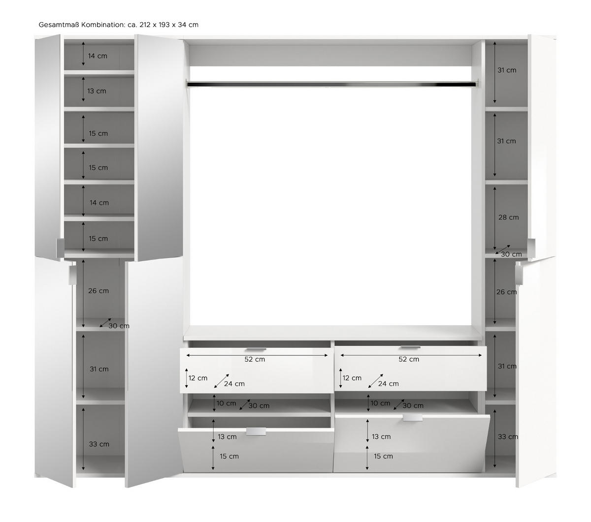GARDEROBEN-SET Eiche, weiß Hochglanz 212 cm, Komplettset mit Spiegel - Chromfarben/Weiß Hochglanz, Glas/Holzwerkstoff (212/193/34cm) - Inn.Furn