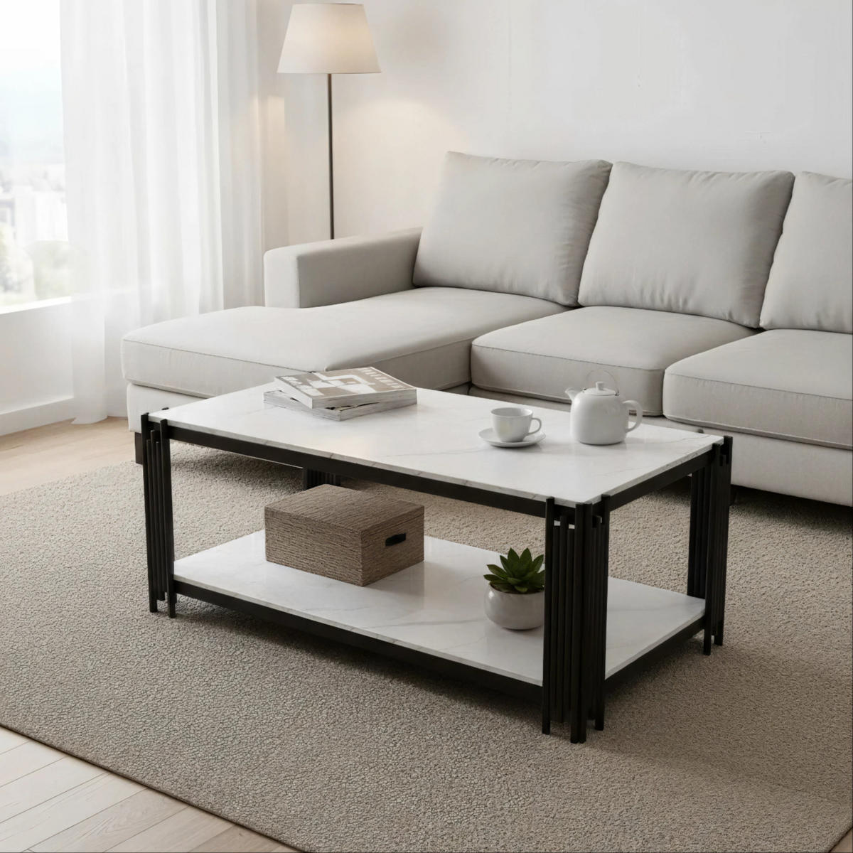 COUCHTISCH mit Ablage 114/64 cm in Weiß/Schwarz mit Marmor-Dekor - Schwarz, Holzwerkstoff (114/64/46cm) - BEAOK