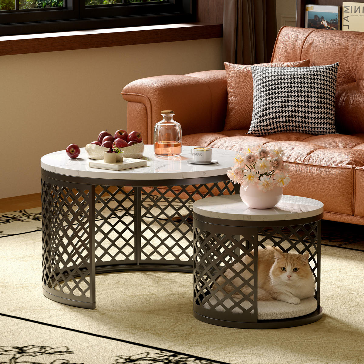 COUCHTISCH Wohnzimmertisch für couch Sofatisch mit Haustierbereich und Haustiermatte, mit Marmorstruktur, bis 400 °C - Schwarz, Holzwerkstoff/Metall (70/70/45cm) - STILVORA