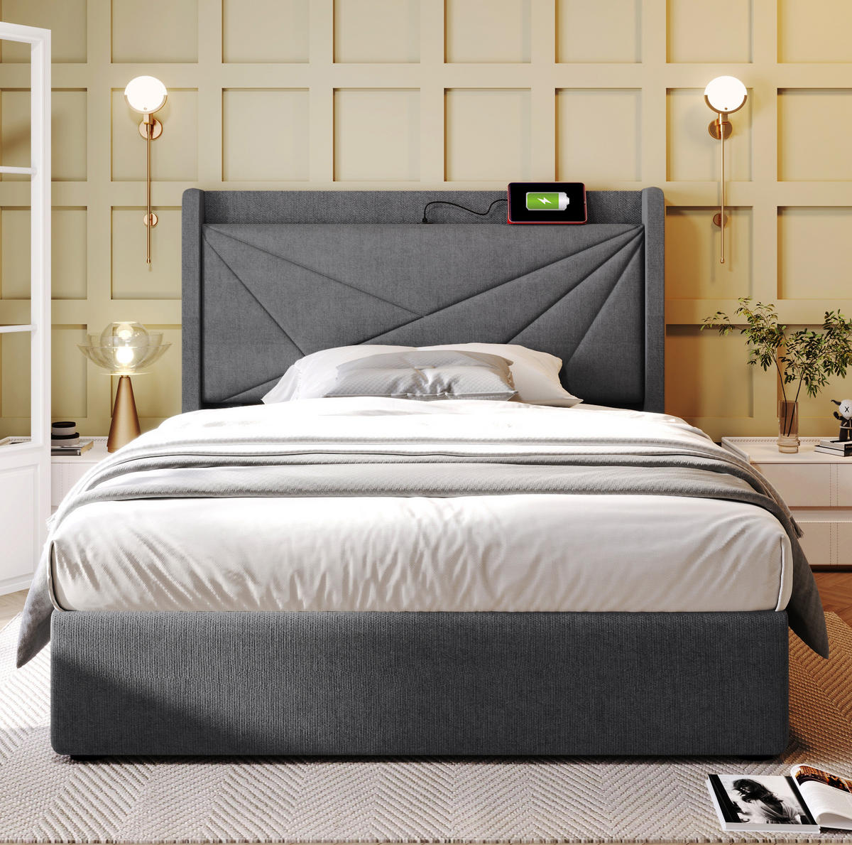 POLSTERBETT aus Baumwoll-Leinen 90x200 cm in Grau mit USB/Typ-C - Grau, Textil (90/200cm) - Modfu