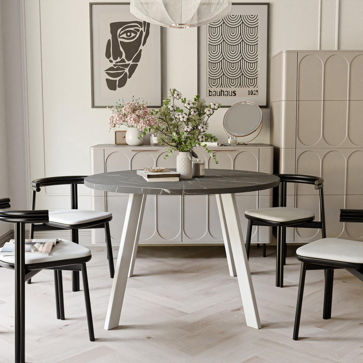 TISCH Weiße Beine, MDF Tischplatte, Grigia Pietra - Schwarz/Weiß, Holzwerkstoff (100/100/76cm) - Idohome