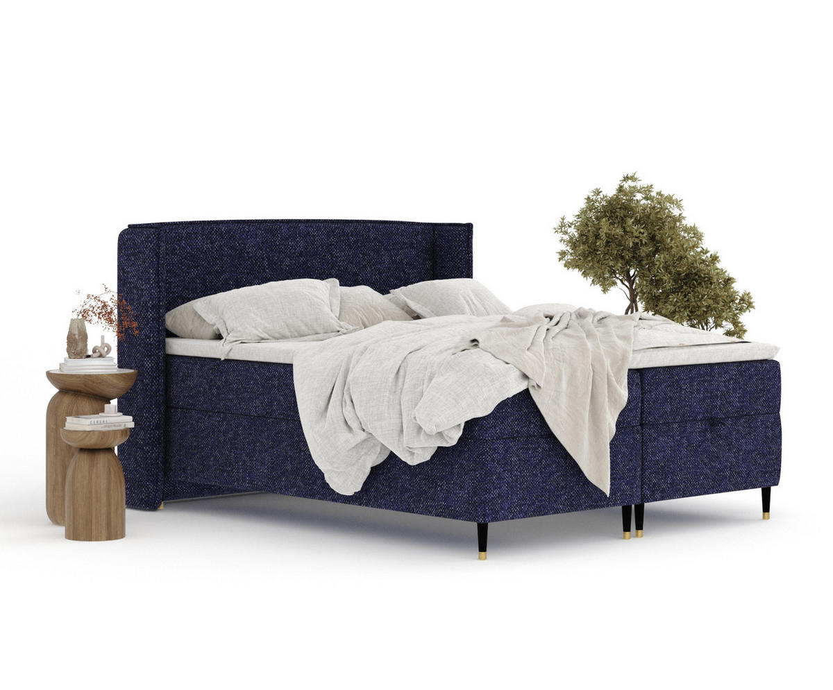 BOXBETT Monpelli Marineblau 140/200 cm mit Matratze und Topper - Schwarz/Dunkelblau, Holz/Holzwerkstoff (140/200cm) - Maison de Reve