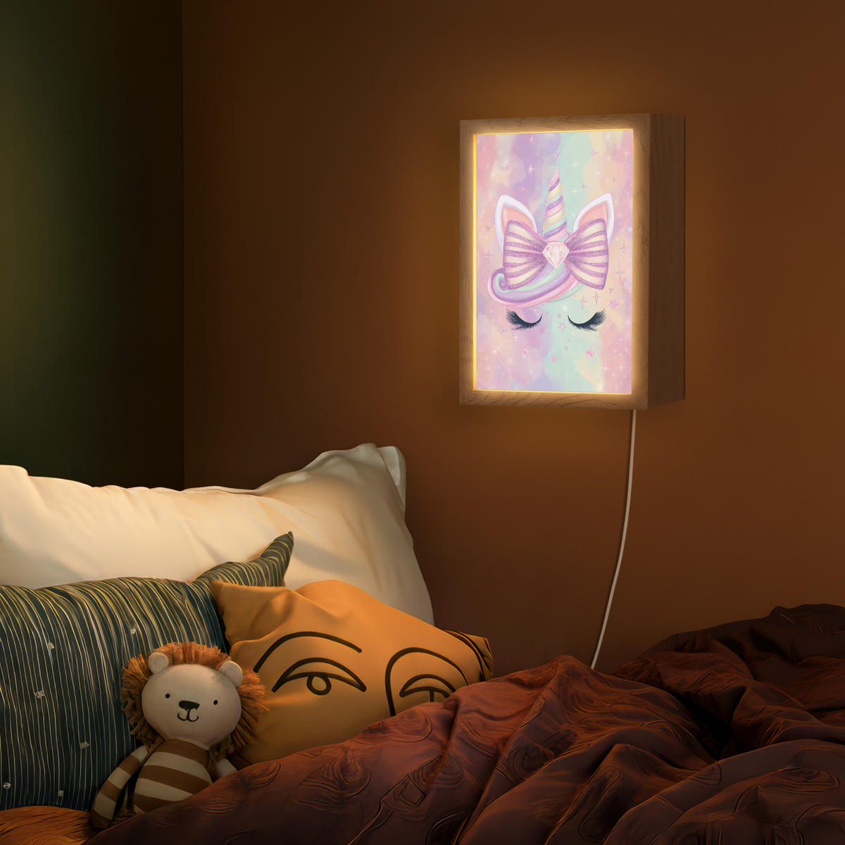 NÁSTĚNNÁ LAMPA Jednorožec - Třpytky - Duha - Pastelové barvy 20x30 cm - světle růžová, kompozitní dřevo (20/30/8cm) - OnlyWow
