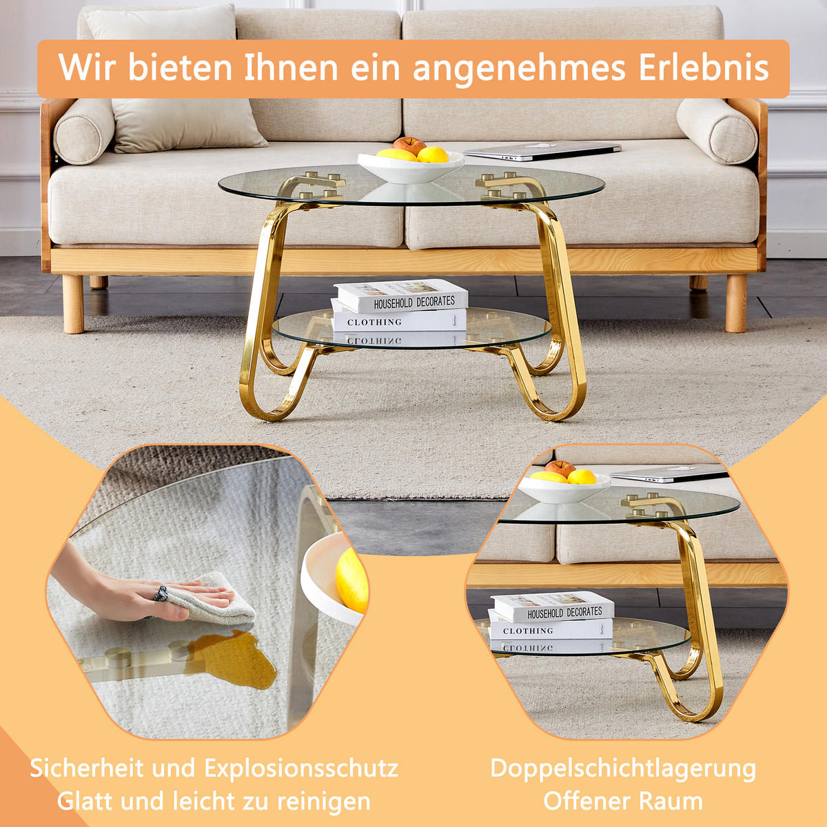 COUCHTISCH DE-186 Retro Minimalistisch Metallrahmen Schwarz/Gold - Goldfarben, Metall (80/80/45cm) - ComfortXL