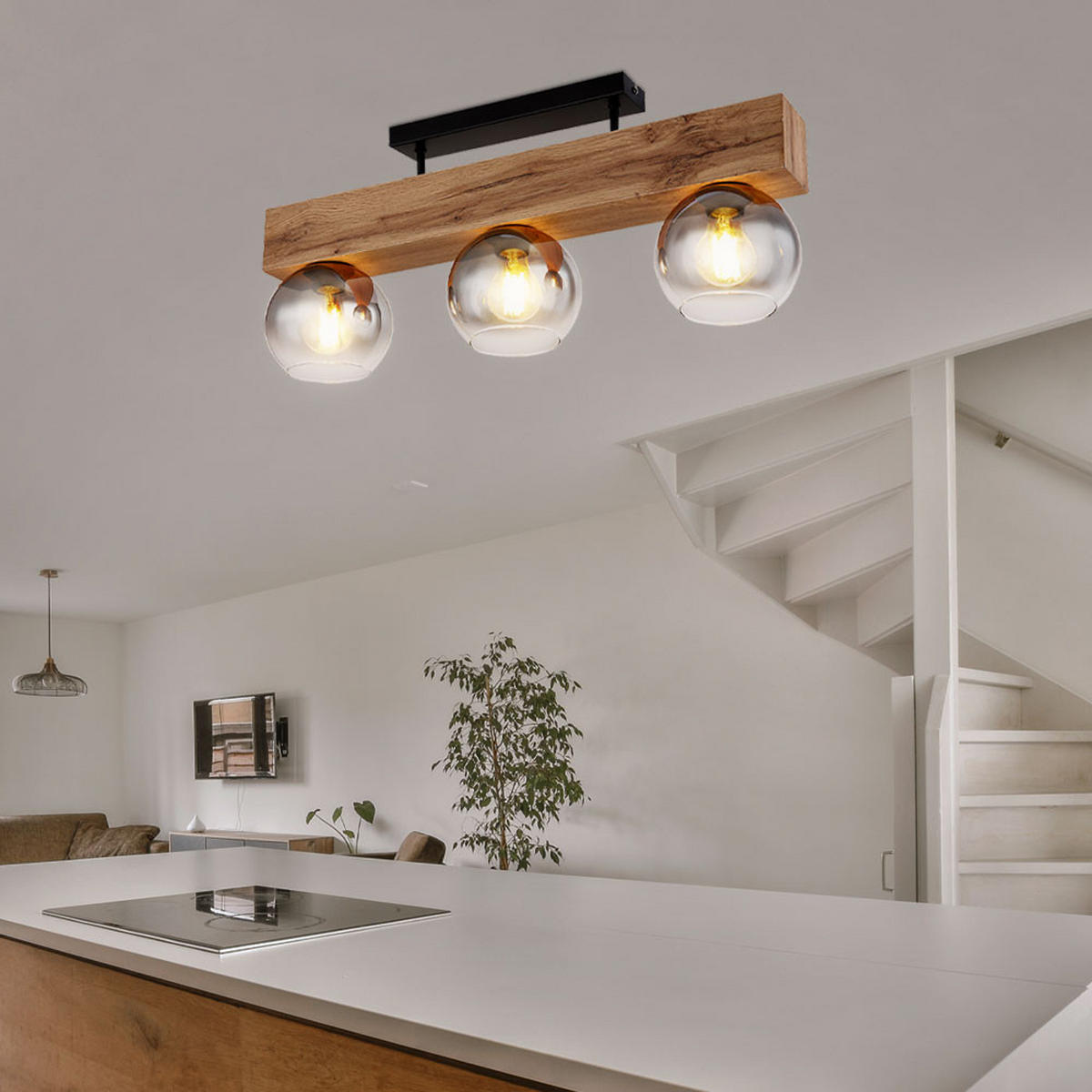 DECKENLEUCHTE MOITAS Braun Holzoptik - Braun, Glas (65/15/28cm) - Globo Lighting