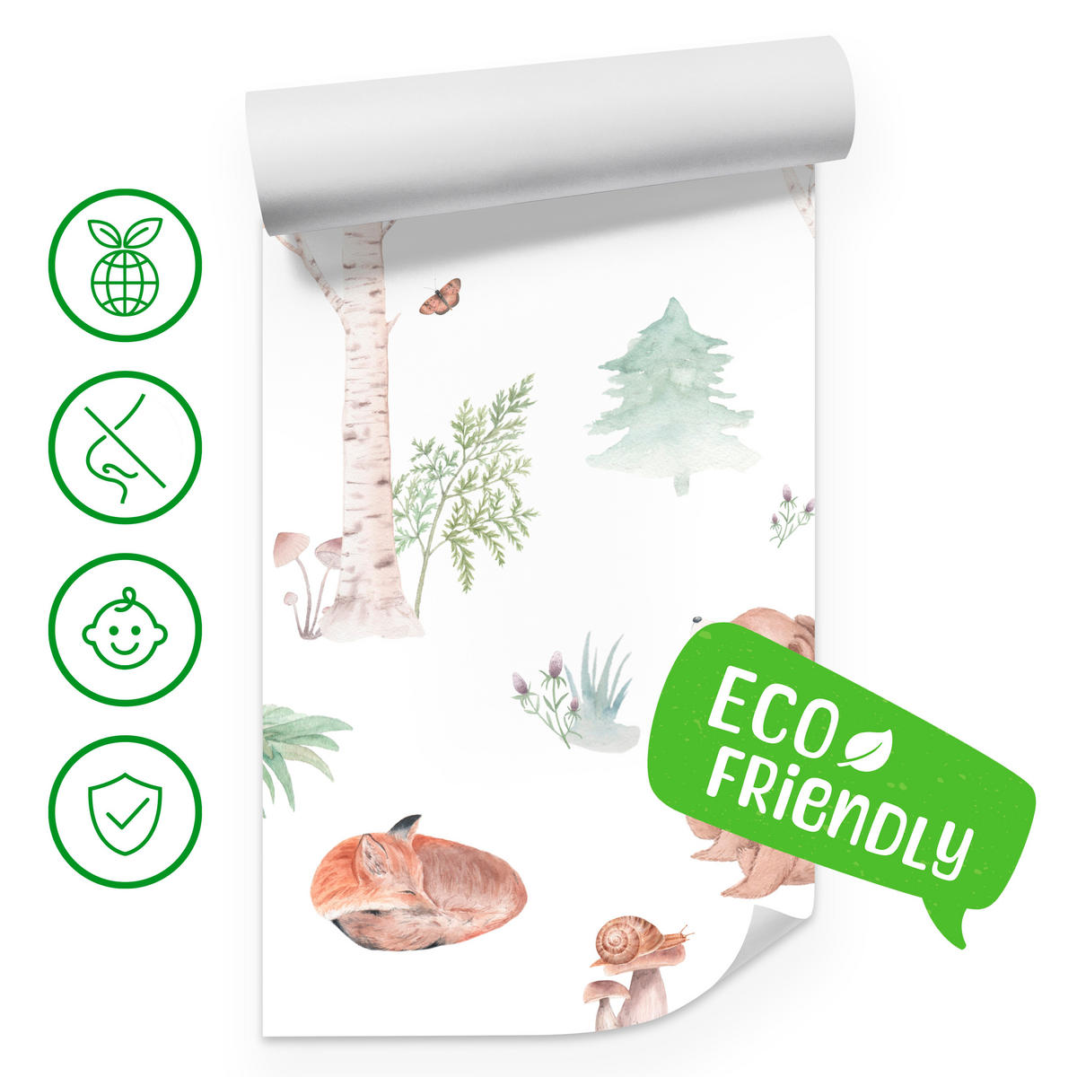 FOTOTAPETE für Kinderzimmer Wilde Waldtiere Aquarell Bäume 500x350 - Orange/Braun, Papier (500/350cm) - Muralo