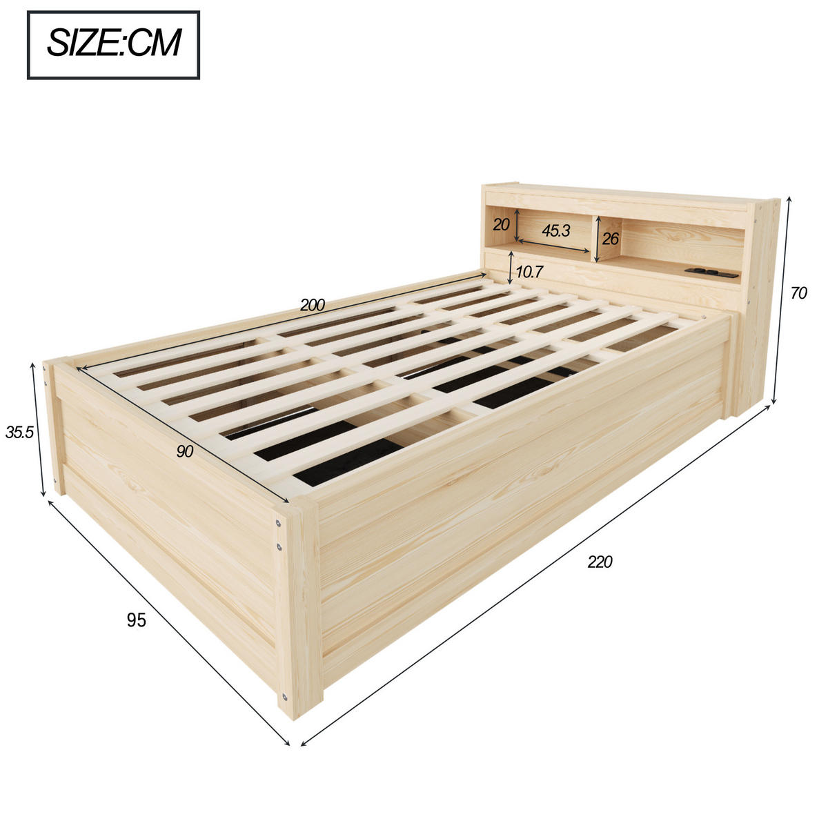 POSTEĽ 90/200 cm s LED osvetlením, zásuvkou a úložným priestorom, dekor drevo - prírodná farba, kompozitné drevo (90/200cm) - Flora Grace