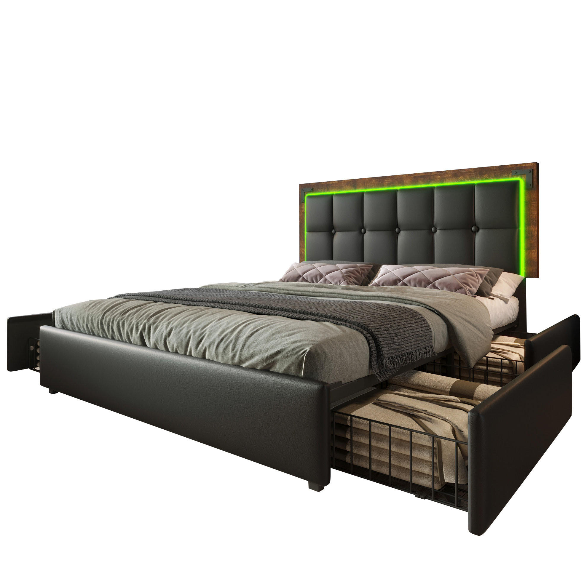 POLSTERBETT 160/200 cm mit LED-Beleuchtung, 4 Schubladen & höhenverstellbarem Kopfteil,Schwarz - Schwarz, Kunststoff (160/200cm) - Redom