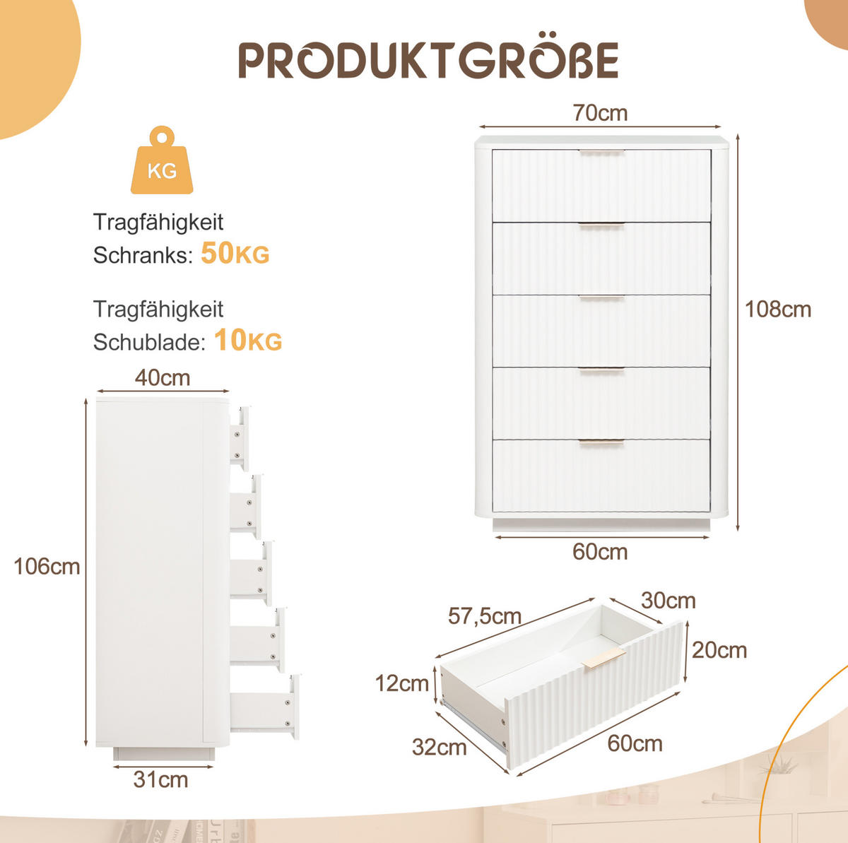 KOMMODE in Weiß 70x40x108 cm mit 5 Schubladen und Soft-Close-Funktion - Weiß, Holzwerkstoff (40/108/70cm) - IVMEU
