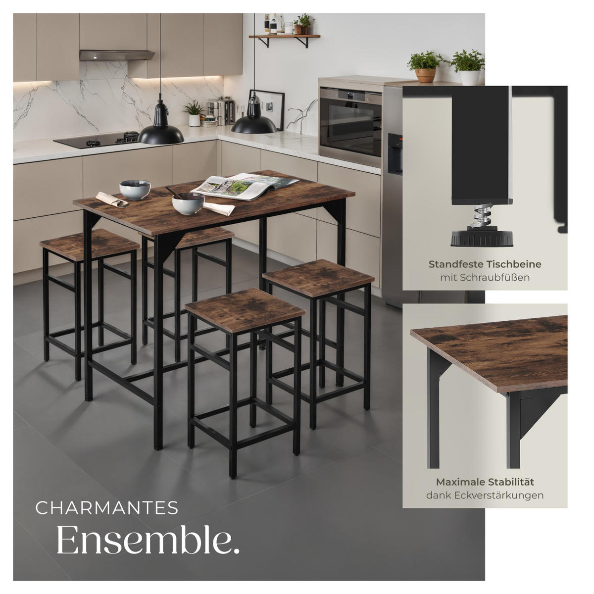 BARTISCH-SET Edinburgh,mit höhenverstellbaren Kunststofffüßen,Industrial Holz dunkel, rustikal - Rostfarben, Holz (124/88.5/100cm) - tectake