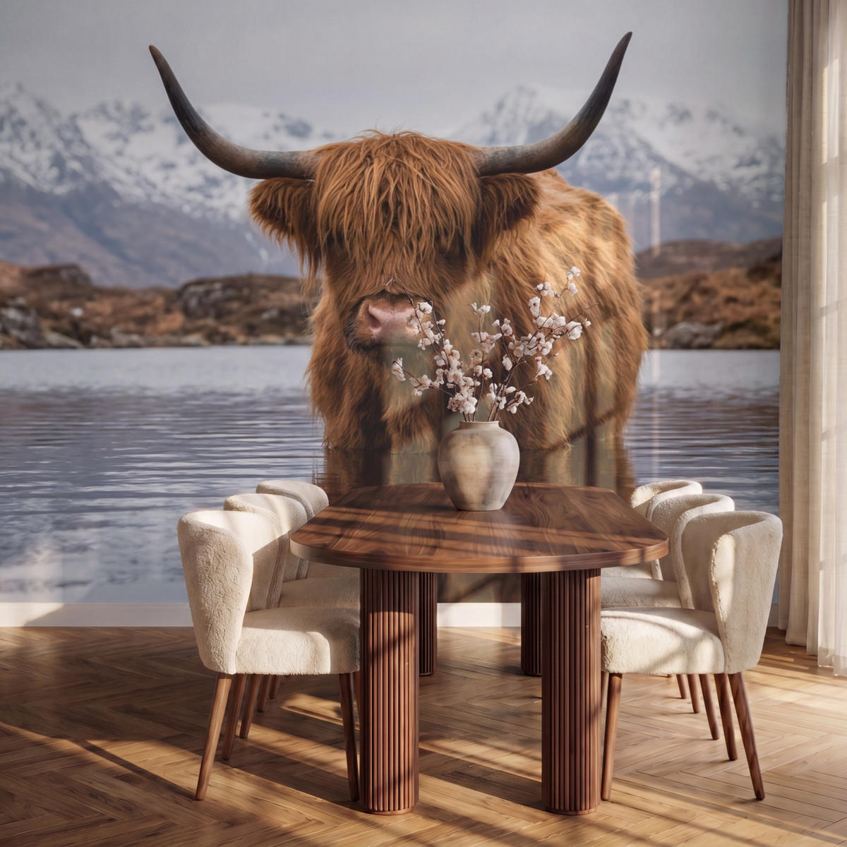 TAPETE - Schottischer Hochländer - Braun - Wasser - 350x260 cm - Braun, Papier (350/260cm) - OnlyWow