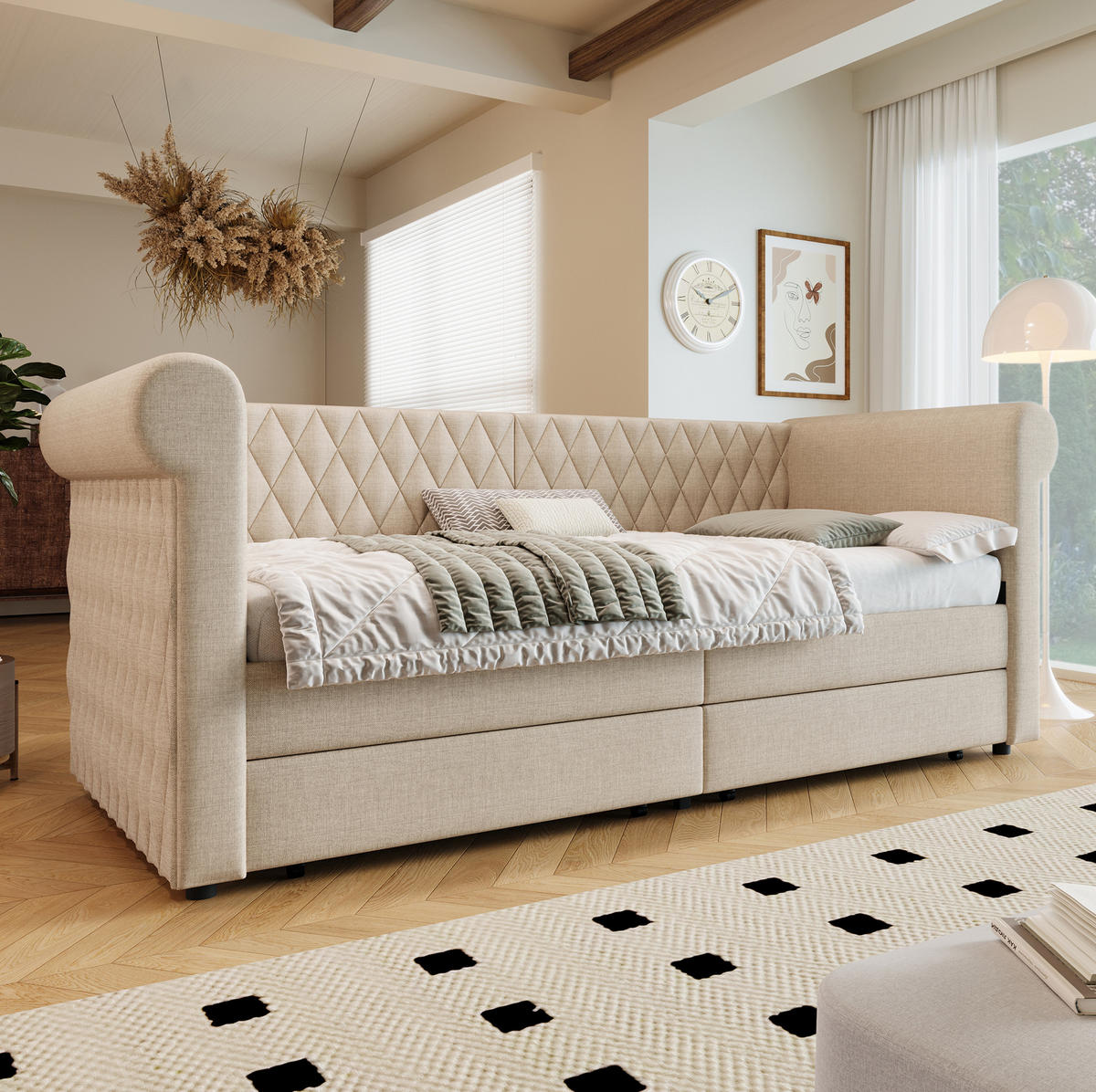 ČALOUNĚNÁ postel s lněným potahem, 90/200 cm béžová, se 2 zásuvkami - béžová, textil (90/200cm) - BEAOK