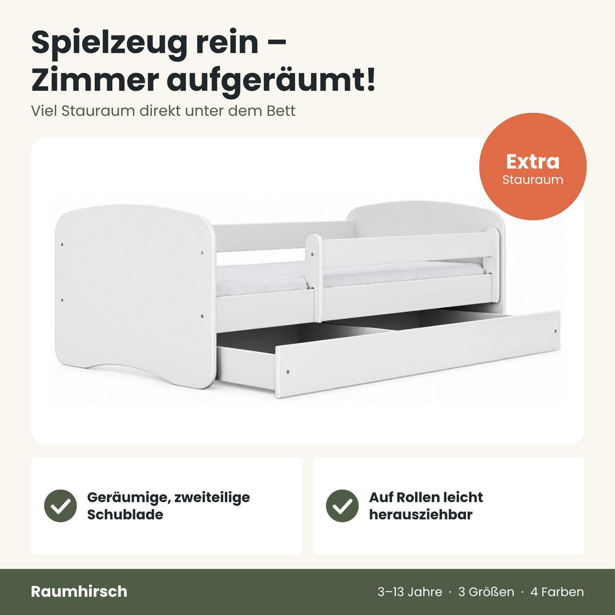 KINDERBETT ohne Motiv 70x140 cm mit Matratze, Schublade, Rausfallschutz & Lattenrost, Weiß - Weiß, Holzwerkstoff (70/140cm) - RAUMHIRSCH FURNITURE