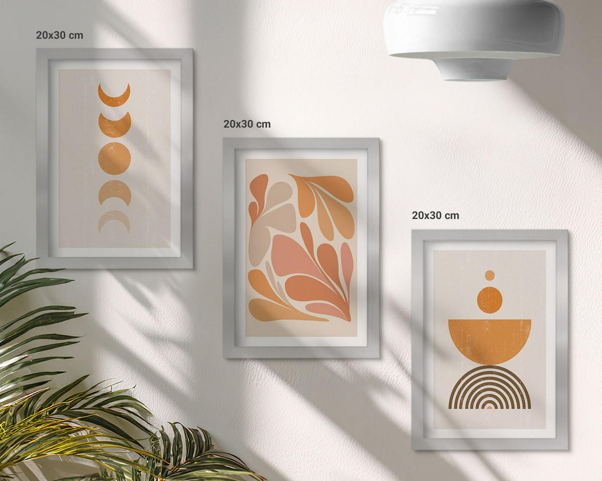 BILDER SET 3er Set - 20x30 cm Silberner Rahmen - Abstrakte orange Formen - Silberfarben, Kunststoff (20/30cm) - TULUP