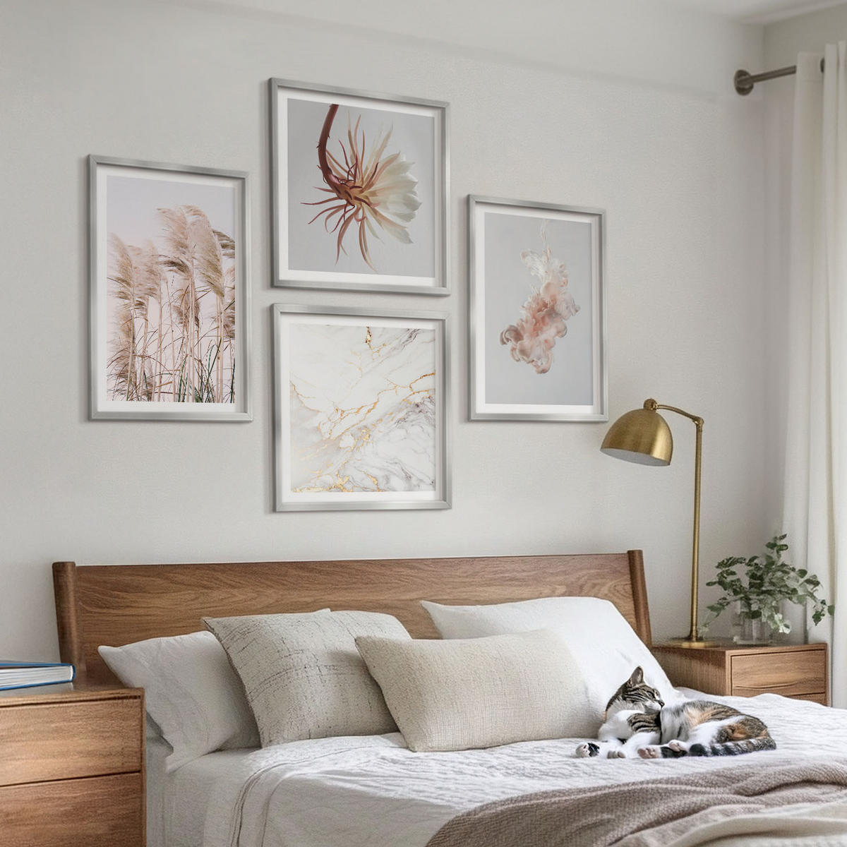 WANDBILDER 4er Set - 50x50 cm & 40x60 cm Silberner Rahmen - Elegante Gräser, Blumen, Marmor - Silberfarben, Kunststoff (50/50cm) - ArtPrintCave