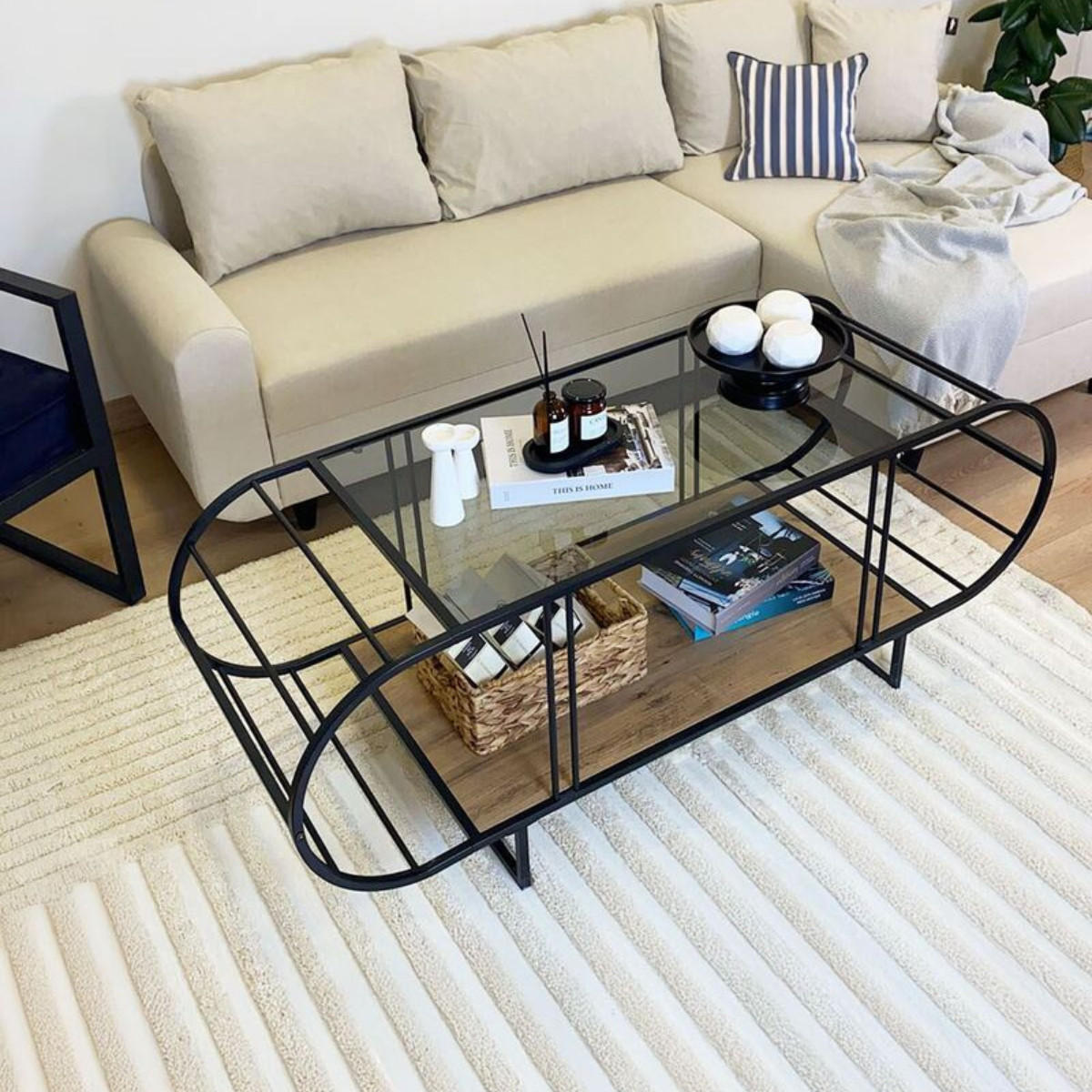 COUCHTISCH mit glasplatte, metall und atlantik-kiefer-optik 50/145/47 cm - Schwarz/Kieferfarben, Holzwerkstoff (13/50/47cm) - Calicosy