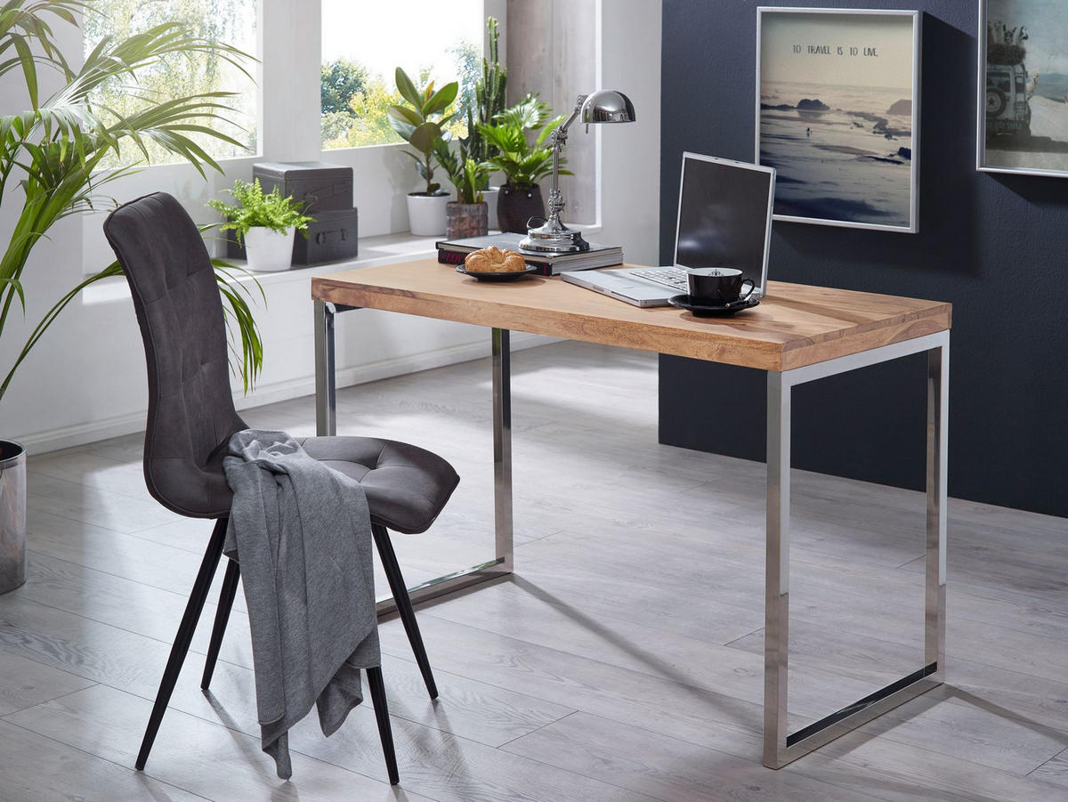 SCHREIBTISCH Massivholz Landhausstil Chromgestell ISEN, Beige 120x60x76 cm - Beige/Silberfarben, Holz/Metall (60/120/76cm) - KADIMA DESIGN