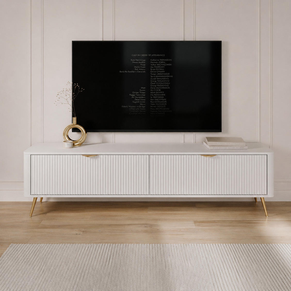 TV-LOWBOARD 200 cm Weiß / Gold - mit geriffelten Fronten und 2 Klappen - Gelb/Goldfarben, Holz/Holzwerkstoff (200/51/38cm) - Ravio